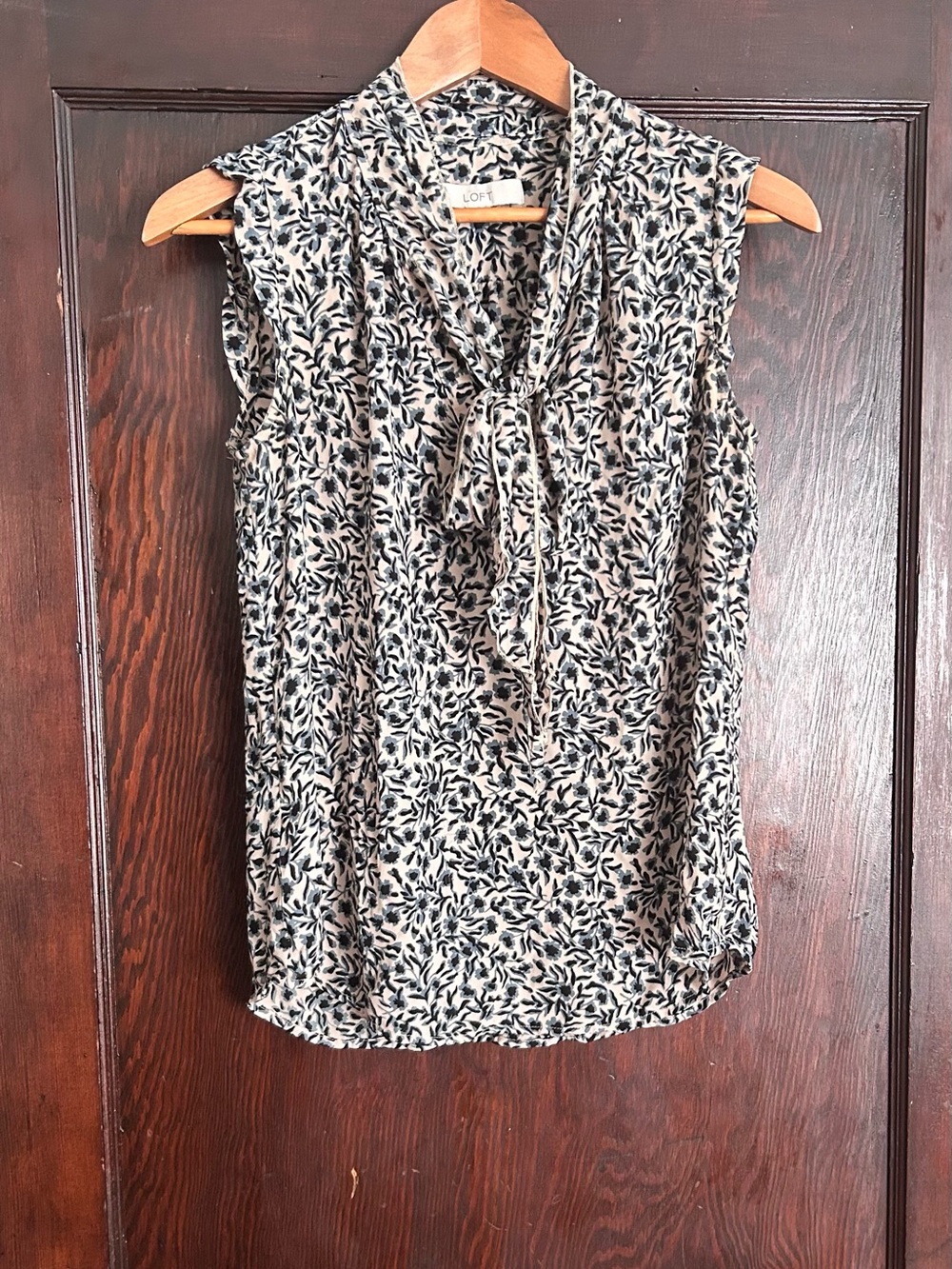 LOFT Tie-Neck Sleeveless Floral Shell in Cream, Blue, & Black